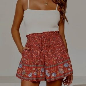 Floral Print Elastic Waist Shorts Red Summer